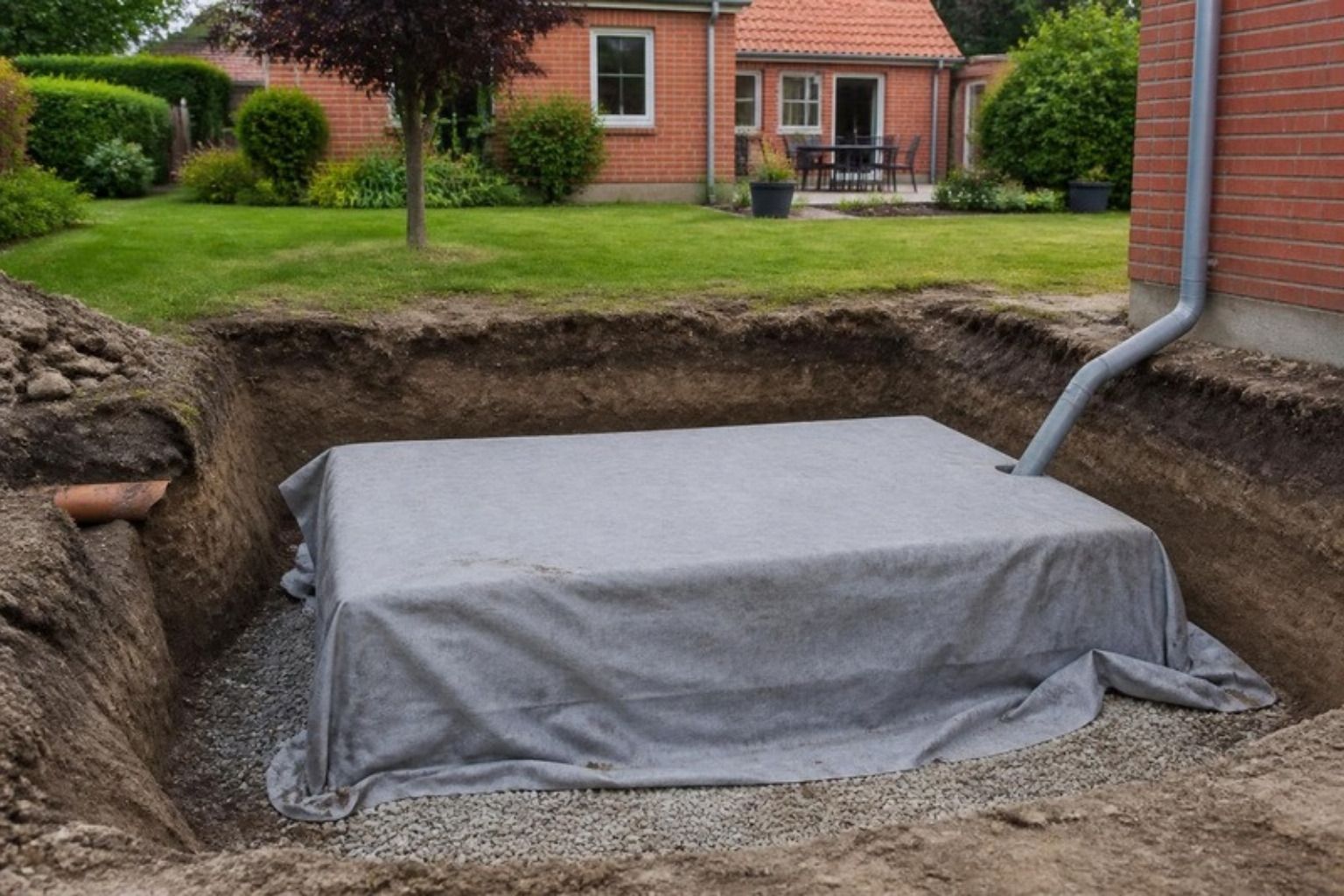 Udgravet hul i en have med en faskine pakket i grå fiberdug og et rør fra nedløbet, rødt murstenshus bagved